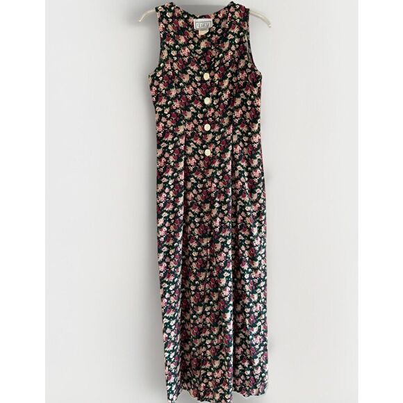 Vtg 90s Floral Romper Wide Leg Pants Jumpsuit Palazzo Crop V Neck Button Y2K 3/4 - Picture 1 of 15